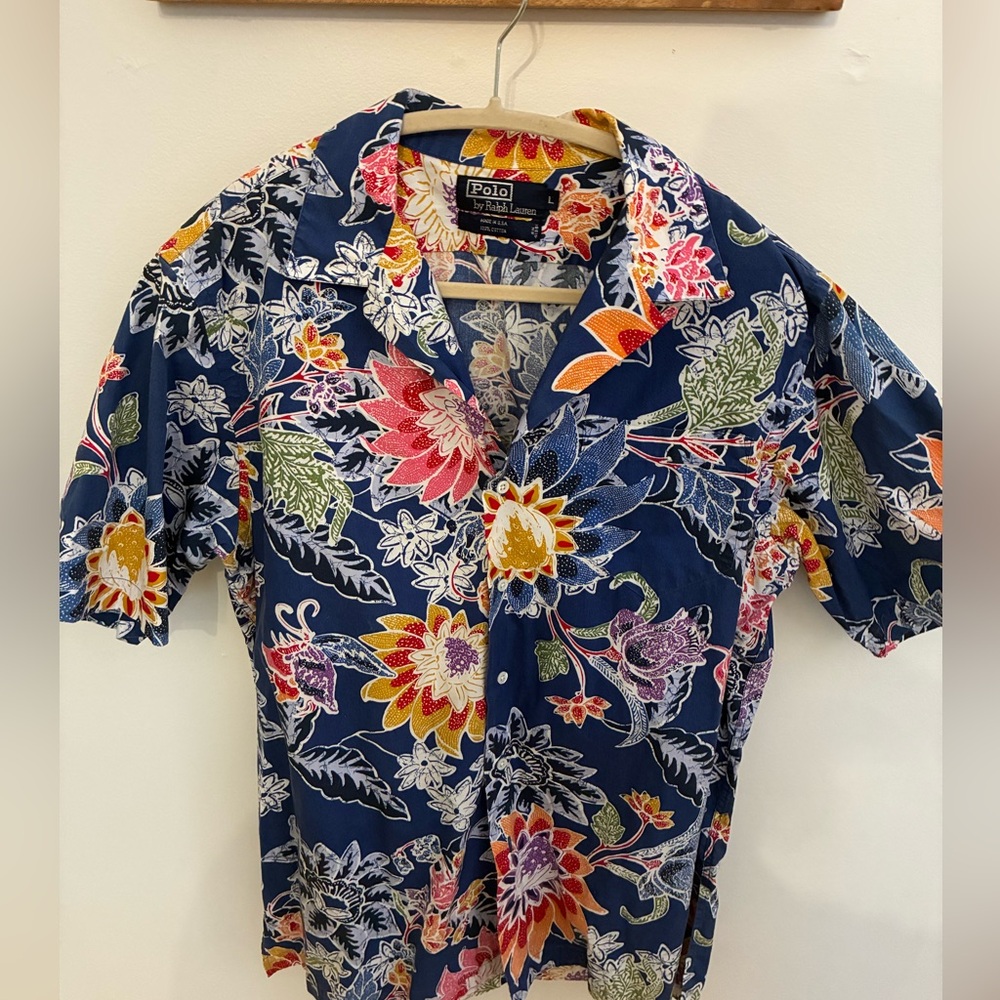 Vintage Ralph Lauren Navy Floral Short-Sleeve Button Shirt Size Large or